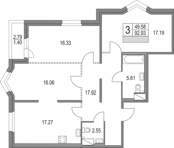 3-комнатная квартира 92.93 м², 8/16 эт., ЖК «Приморский квартал»